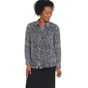 Joan Rivers Women Gray Floral Paisley Ruffle Long Sleeve Dress Shirt Size 10